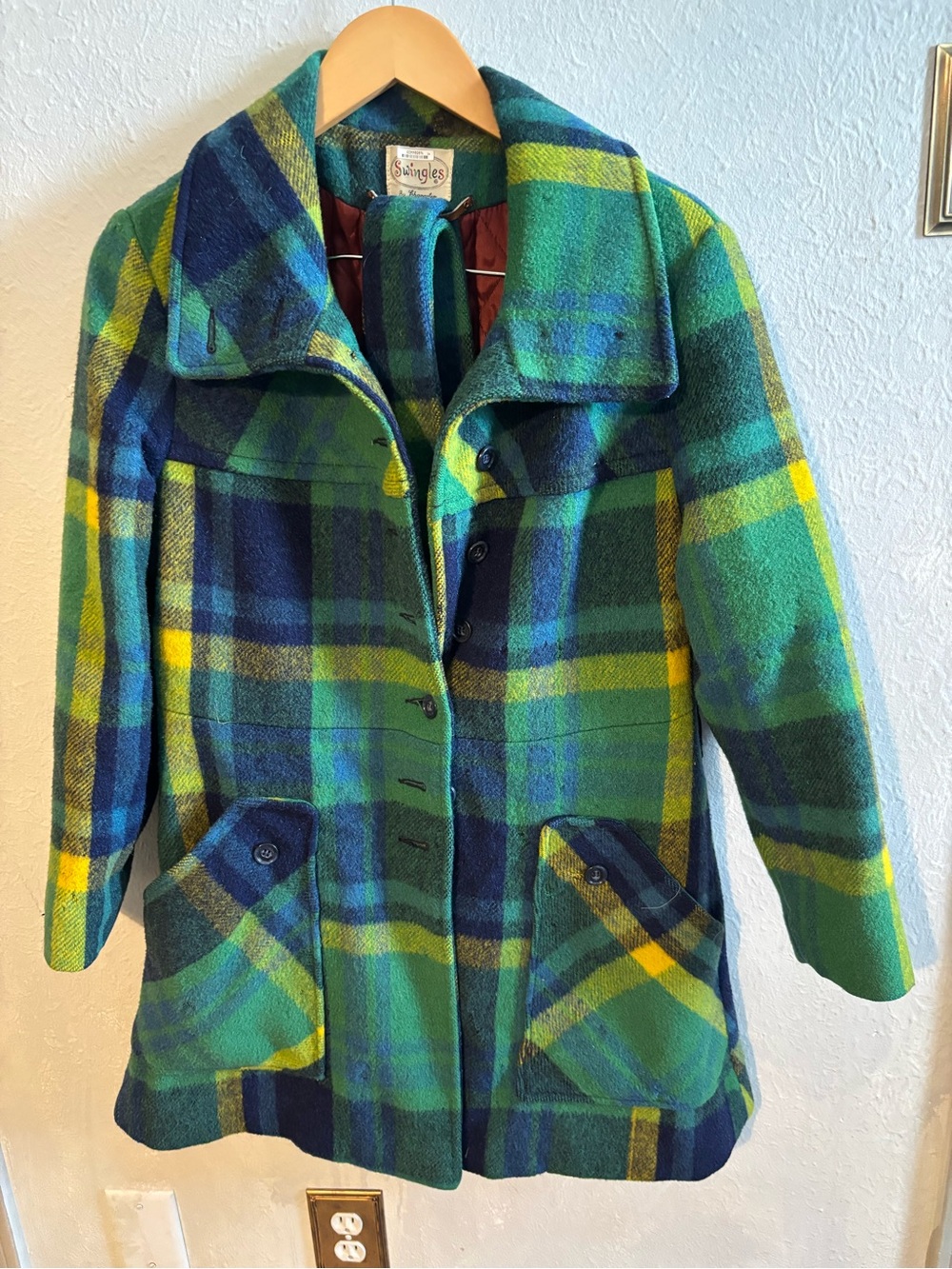 Single Vintage  Green and Blue Plaid Wool Pea Coat with Yellow Accents